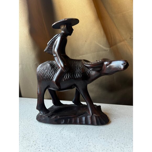 Hand-Carved Wooden Sculpture Of Man On Water Buffalo Vintage - Picture 9 of 15